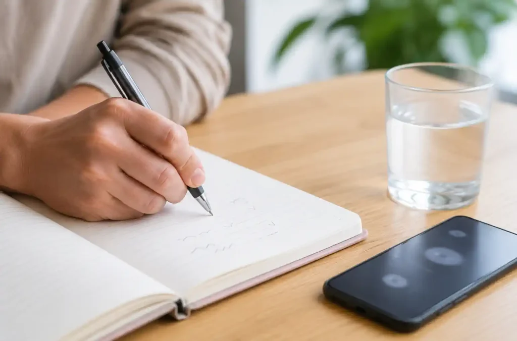 Main notant des repères dans un carnet près d’un téléphone et d’un verre d’eau