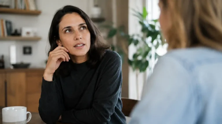 Personne qui marque une légère pause en parlant, comme si le mot ne venait pas
