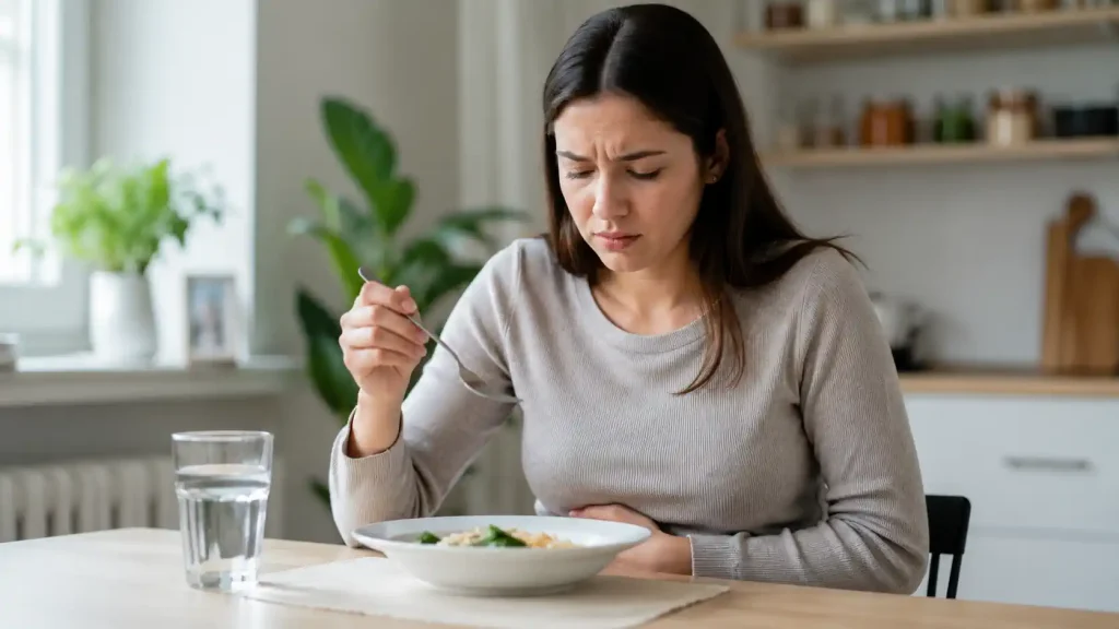 Femme assise à table devant un repas léger sans réussir à manger