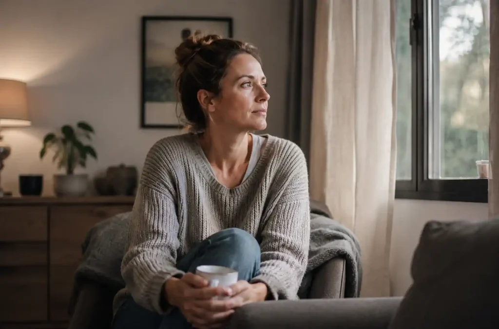 Femme assise près d’une fenêtre, tasse en mains, regard au loin