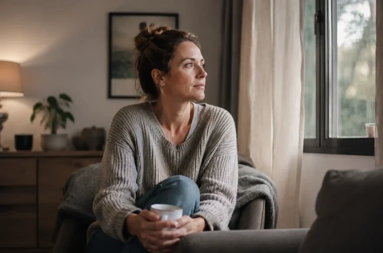 Femme assise près d’une fenêtre, tasse en mains, regard au loin