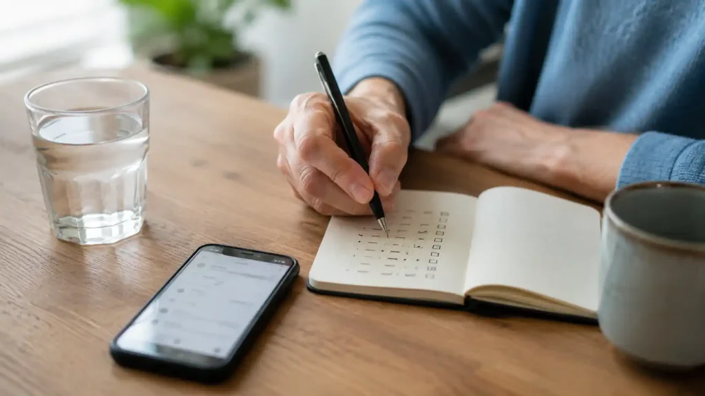 Main notant des repères sur un carnet près d’un smartphone pour suivre les épisodes d’oubli de mots