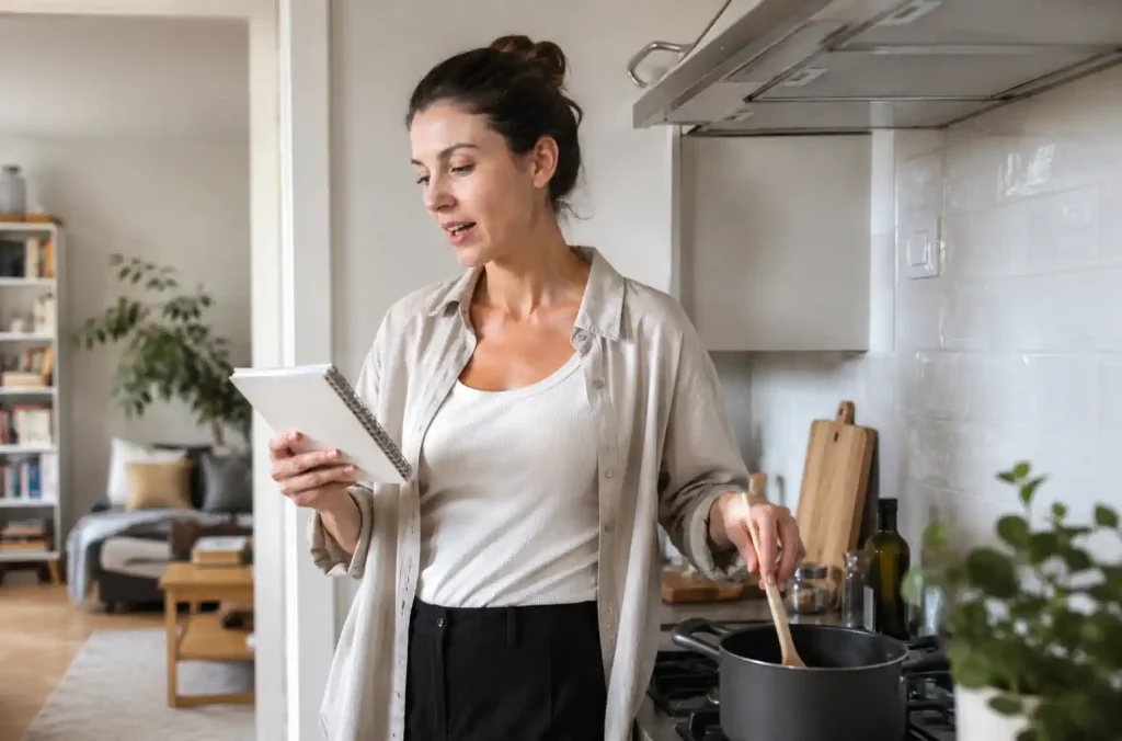 Personne seule en intérieur parlant à voix haute pendant une tâche du quotidien