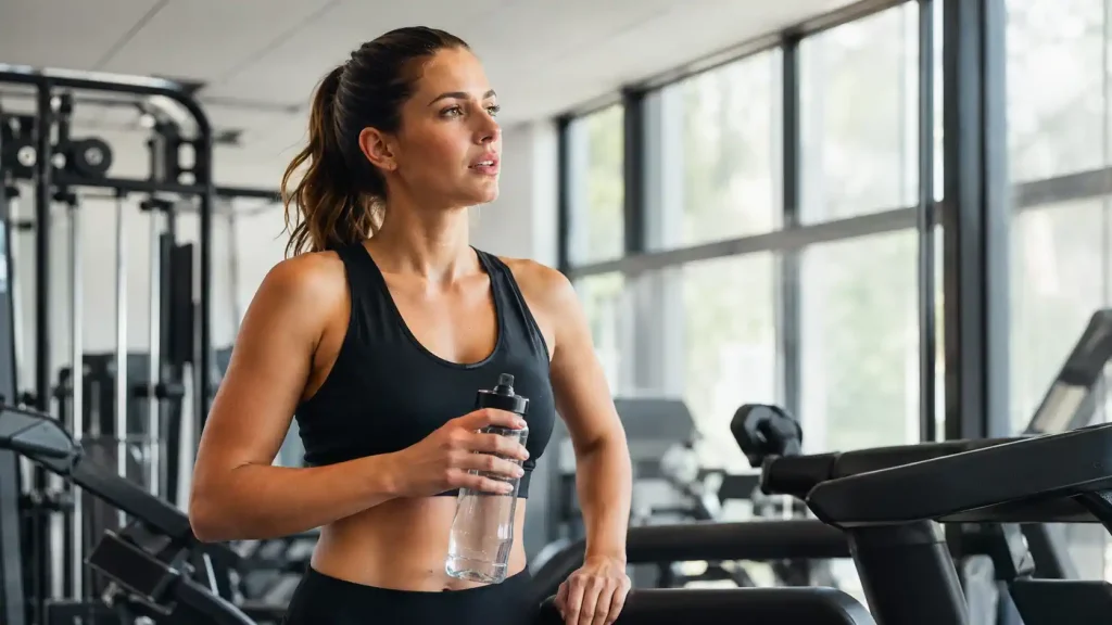 Femme en salle de sport qui fait une pause et boit de l’eau entre deux exercices