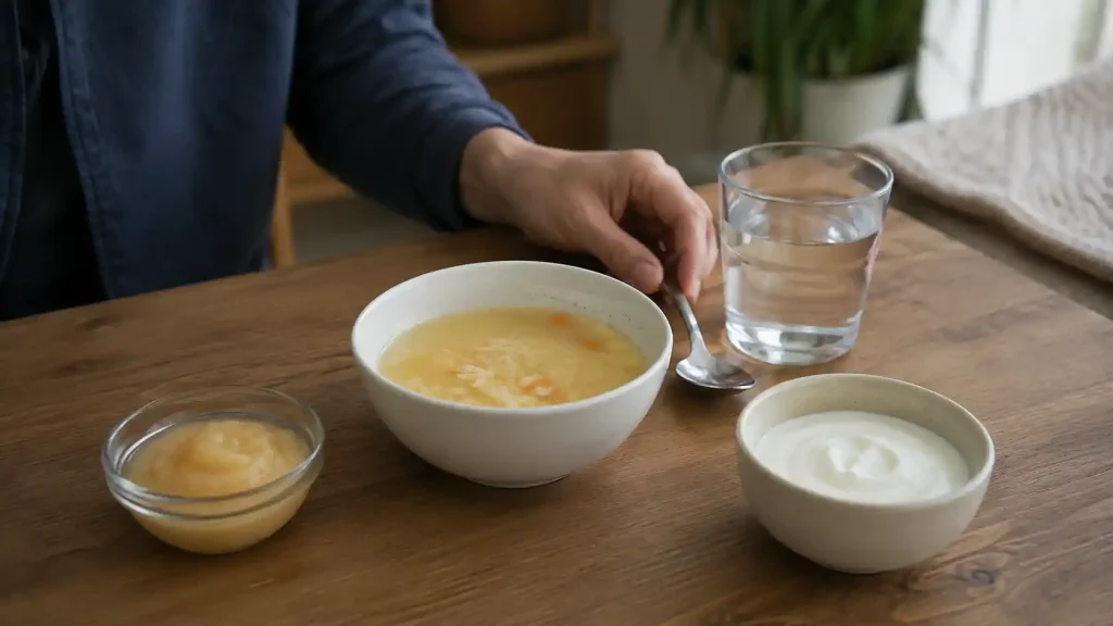 Petites portions d’aliments faciles à manger avec un verre d’eau sur une table