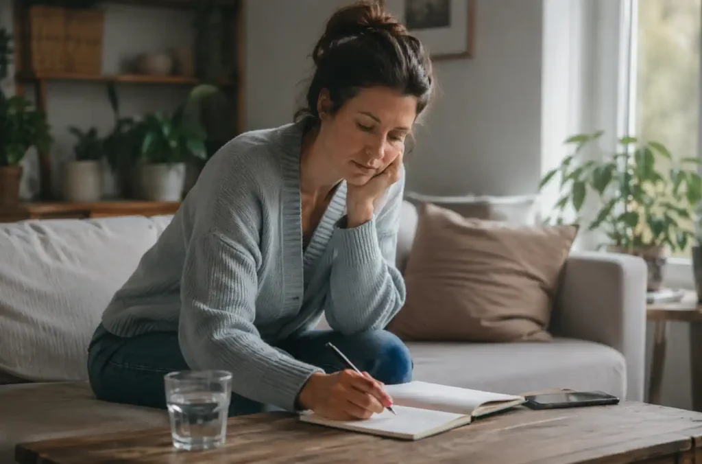 Femme notant dans un carnet sur une table, verre d’eau et téléphone posé à côté