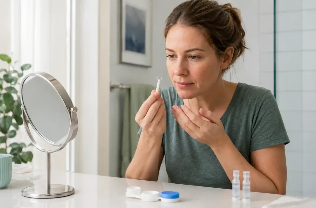 Personne préparant la pose d’une lentille sclérale devant un miroir avec étui et dosettes de solution