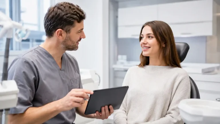 Orthodontiste expliquant un dossier de traitement à un patient portant un appareil dentaire
