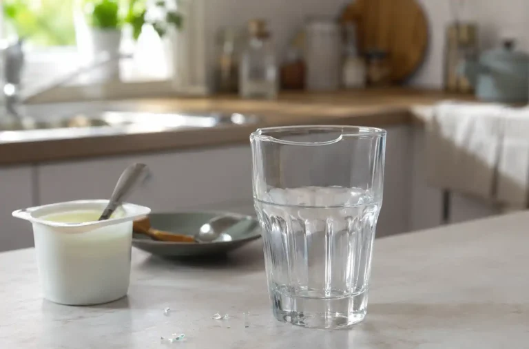Verre ébréché à côté d’un yaourt sur un plan de cuisine