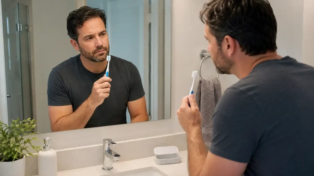 Personne adoptant une hygiène bucco-dentaire douce en attendant un rendez-vous dentaire