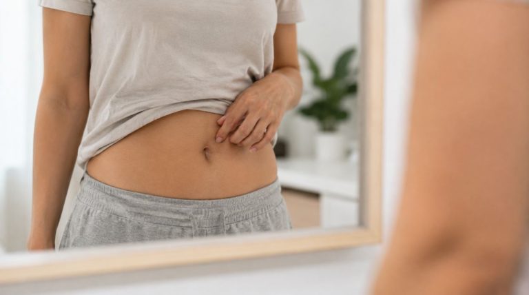 Personne observant son nombril dans un miroir, main posée sur le ventre