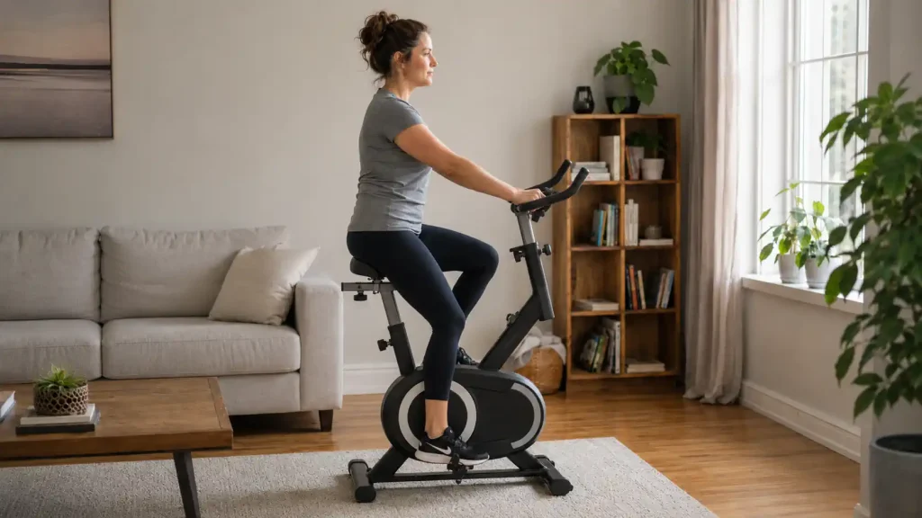 Position sur un vélo d’appartement avec le genou légèrement fléchi