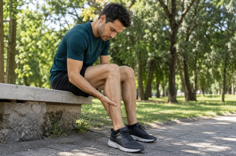 Coureur assis se tenant le mollet après une sensation de décharge électrique