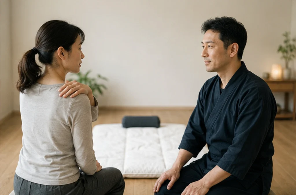 Personne échangeant avec un praticien avant une séance de shiatsu