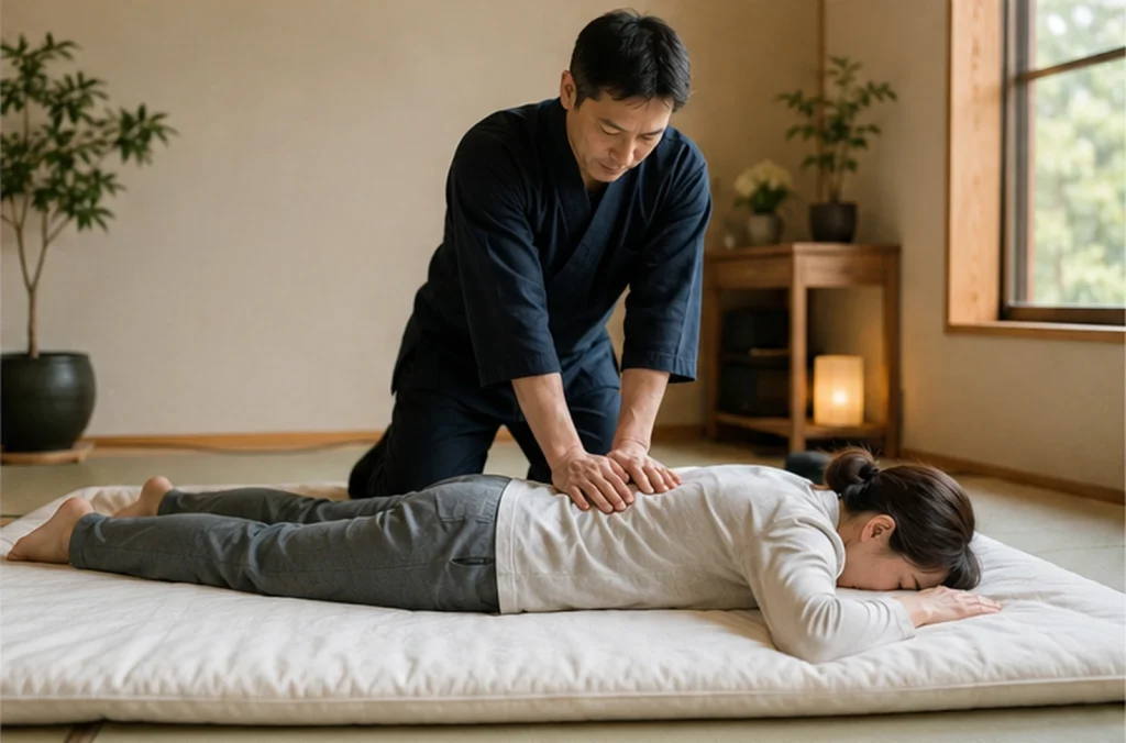 Adulte habillé recevant une séance de shiatsu sur un futon