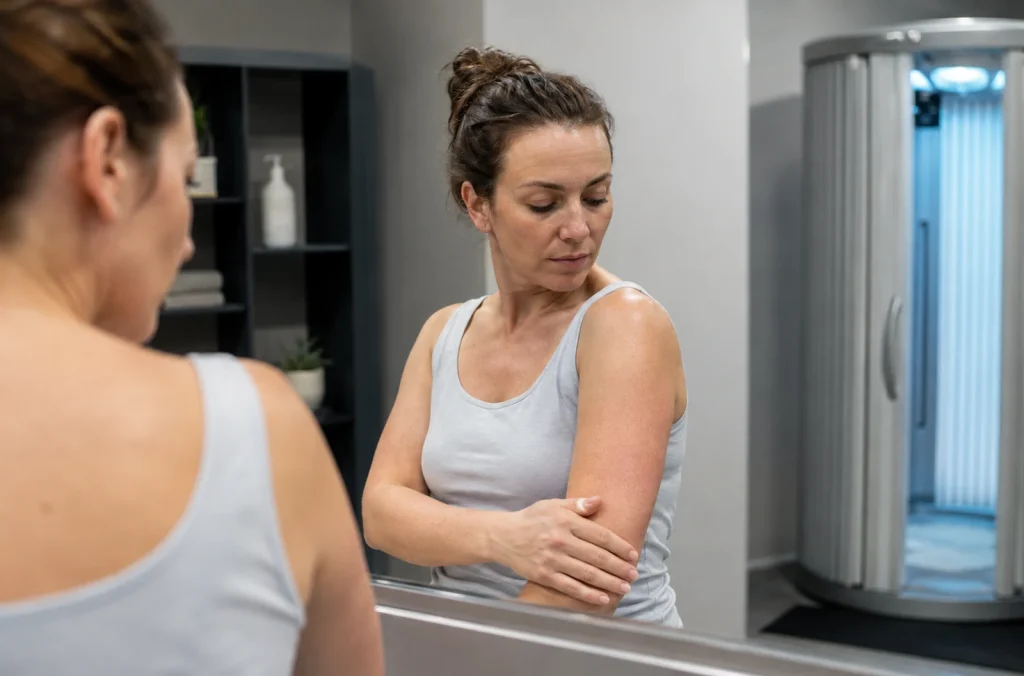 Femme adulte observant la teinte de sa peau près d’une cabine UV