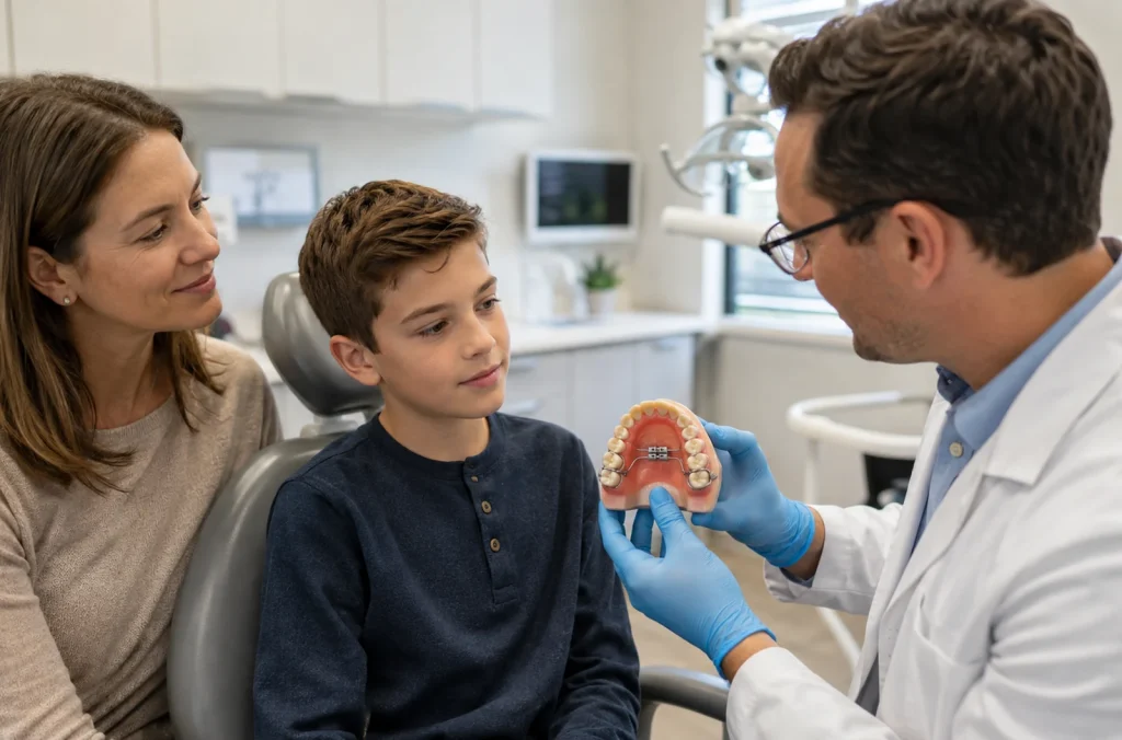 Orthodontiste expliquant un disjoncteur dentaire à un enfant et à son parent
