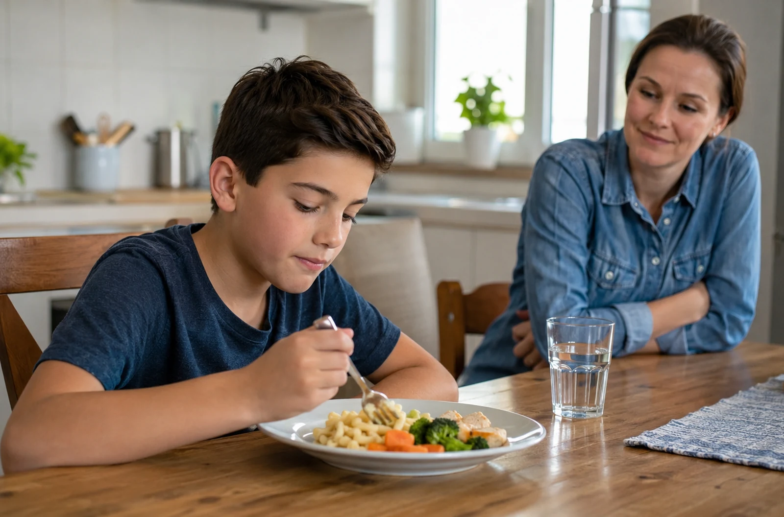 Enfant mangeant un repas tendre et coupé en petits morceaux pendant l’adaptation à un disjoncteur dentaire