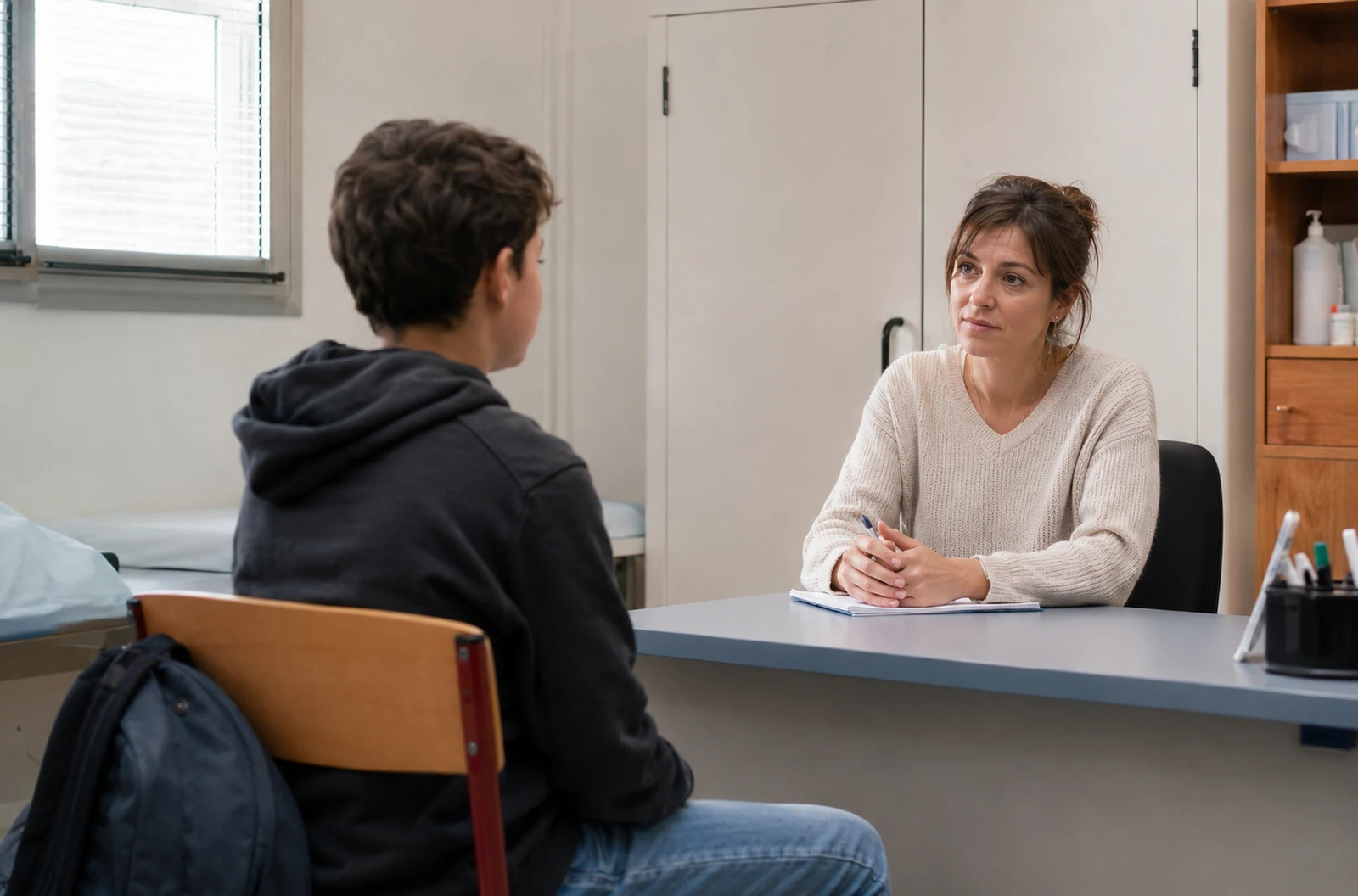 Adolescent échangeant discrètement avec une infirmière scolaire