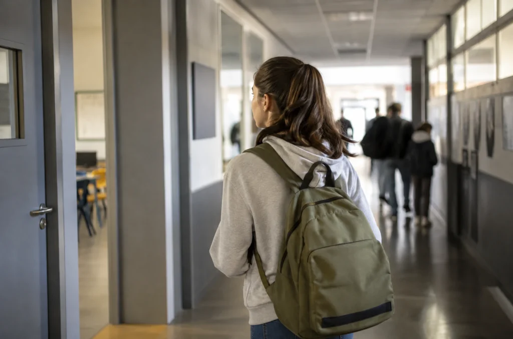 Adolescent avec un sac à dos dans le couloir d’un collège