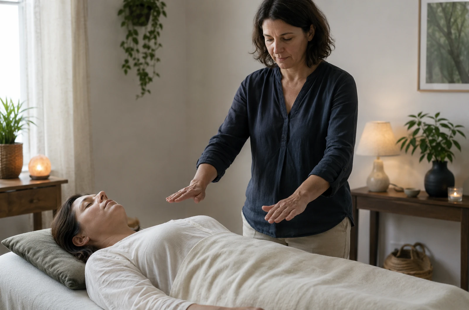Personne habillée pendant une séance de magnétisme avec les mains du praticien à distance