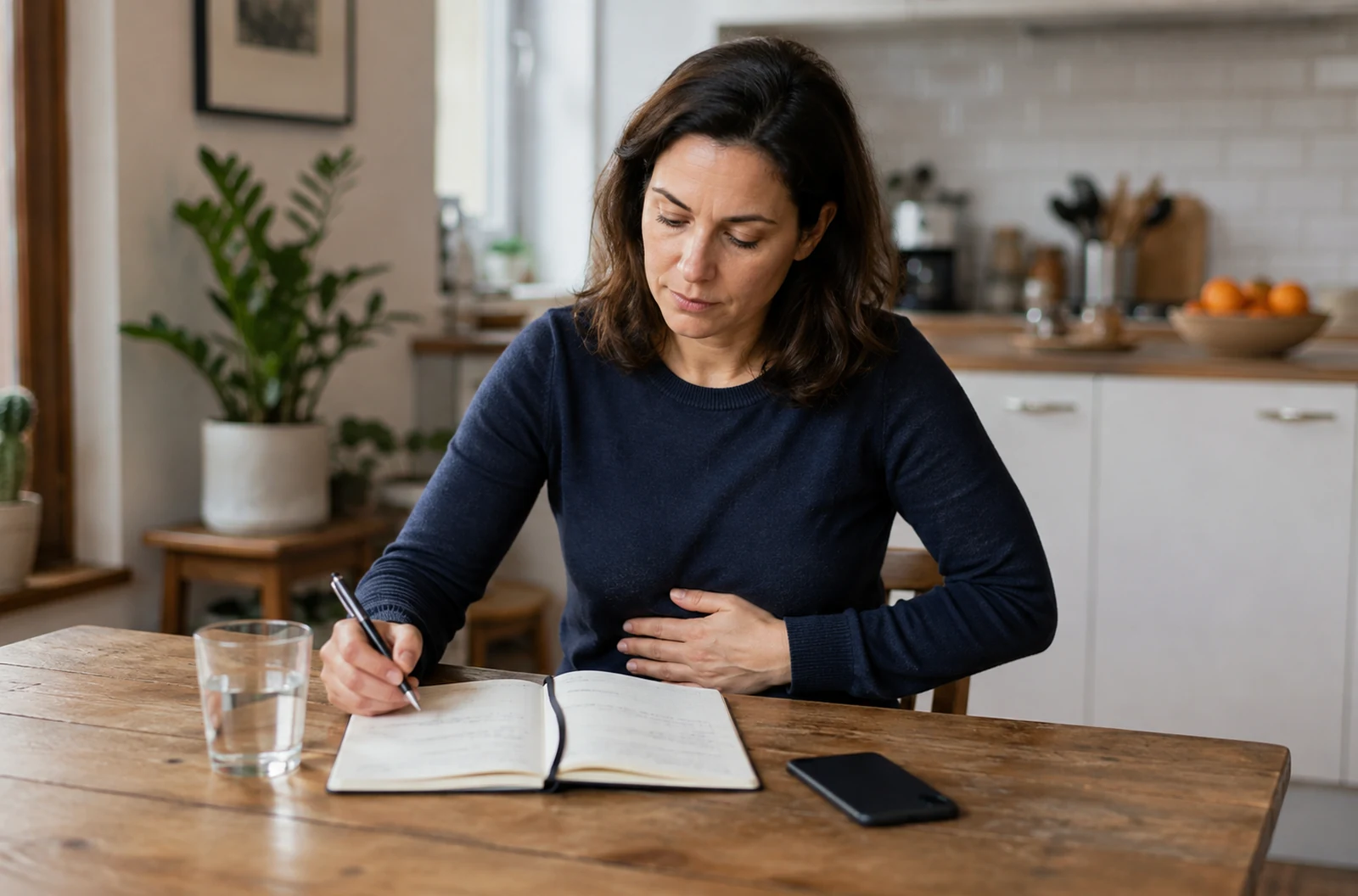 Personne préparant des notes sur ses symptômes digestifs avant une consultation