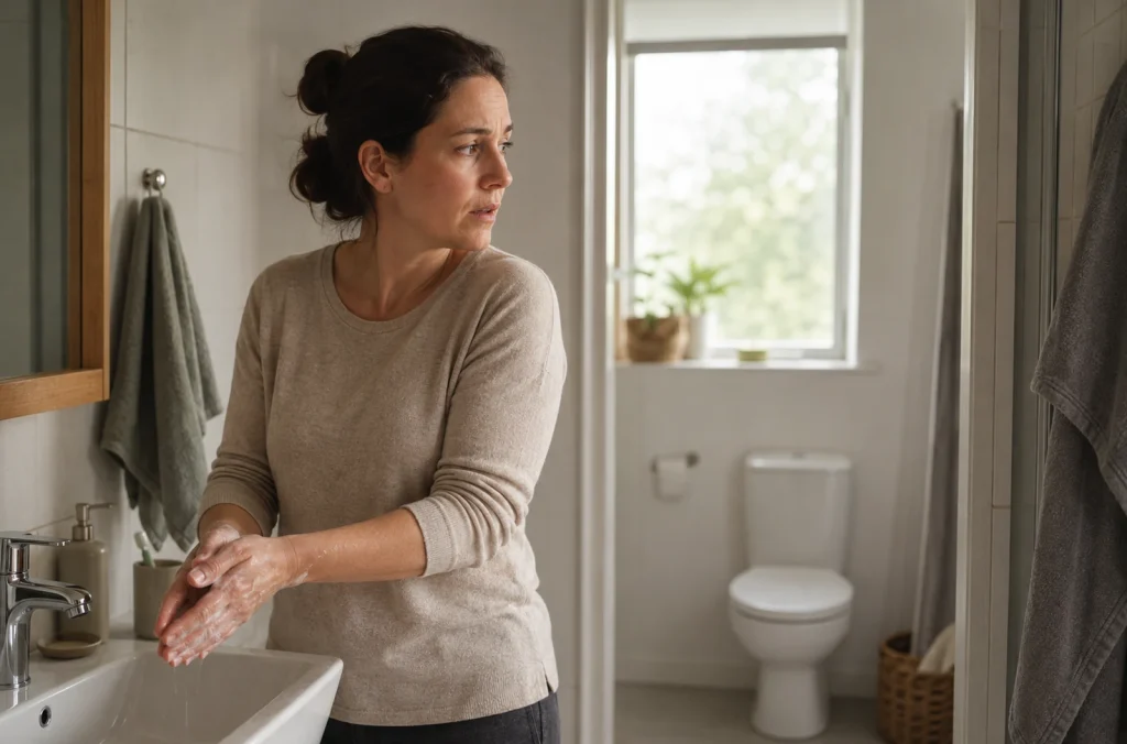 Personne dans une salle de bain après avoir remarqué un changement de couleur des selles