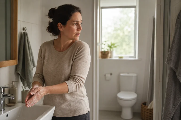 Personne dans une salle de bain après avoir remarqué un changement de couleur des selles