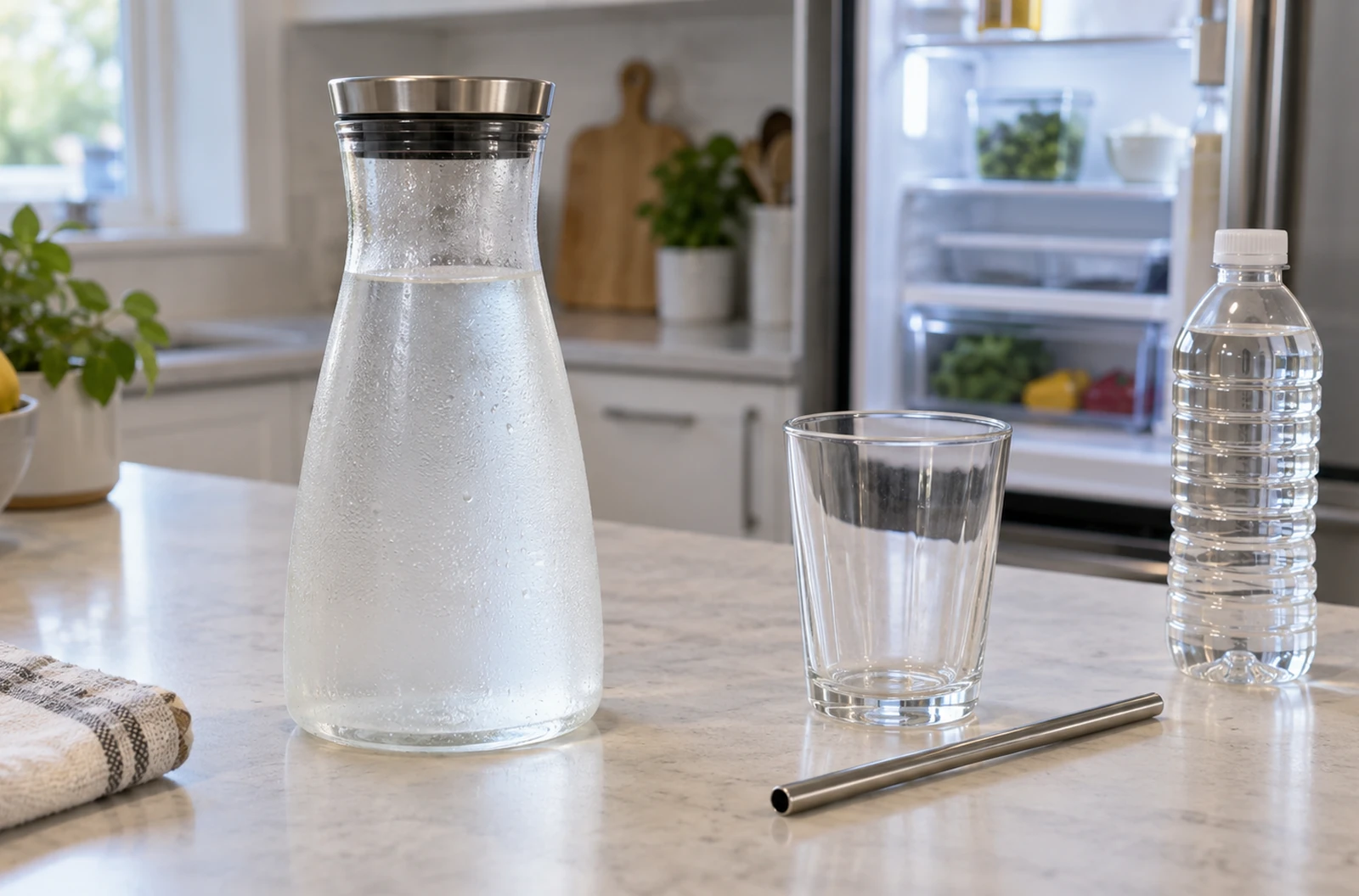 Carafe de préparation colique fraîche avec verre et eau