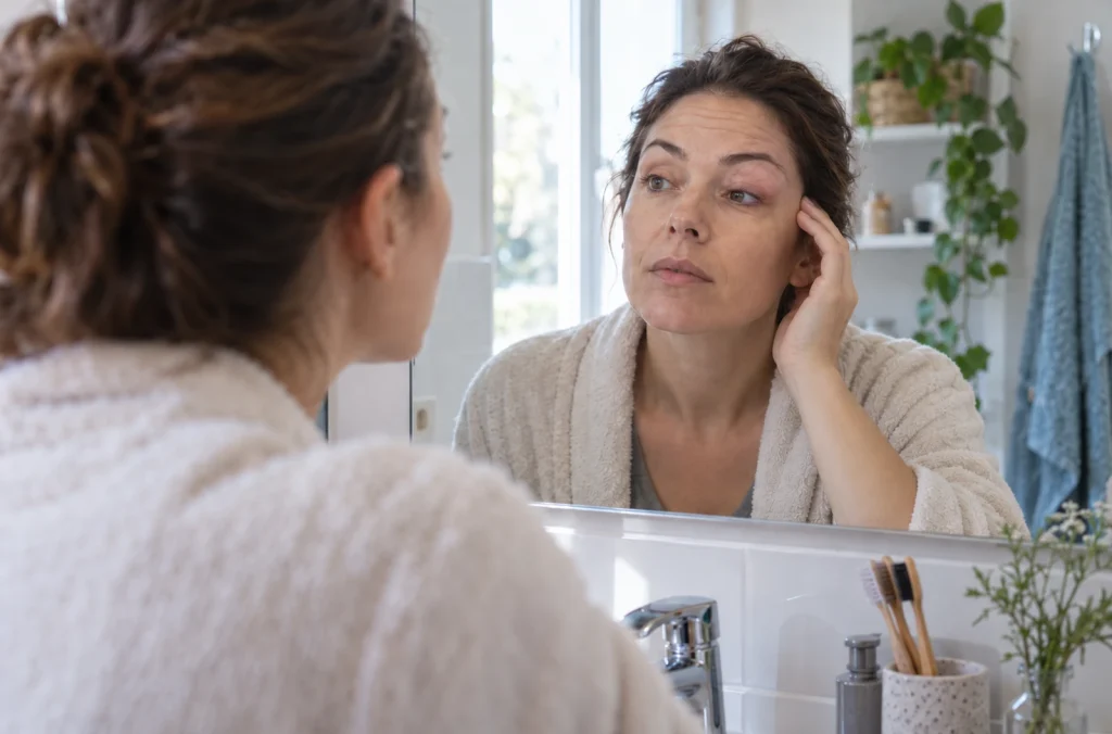 Personne observant sa paupière quelques jours après une opération du ptosis