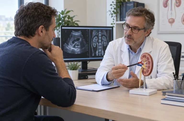 Patient en consultation d’urologie devant un modèle de rein et une imagerie rénale