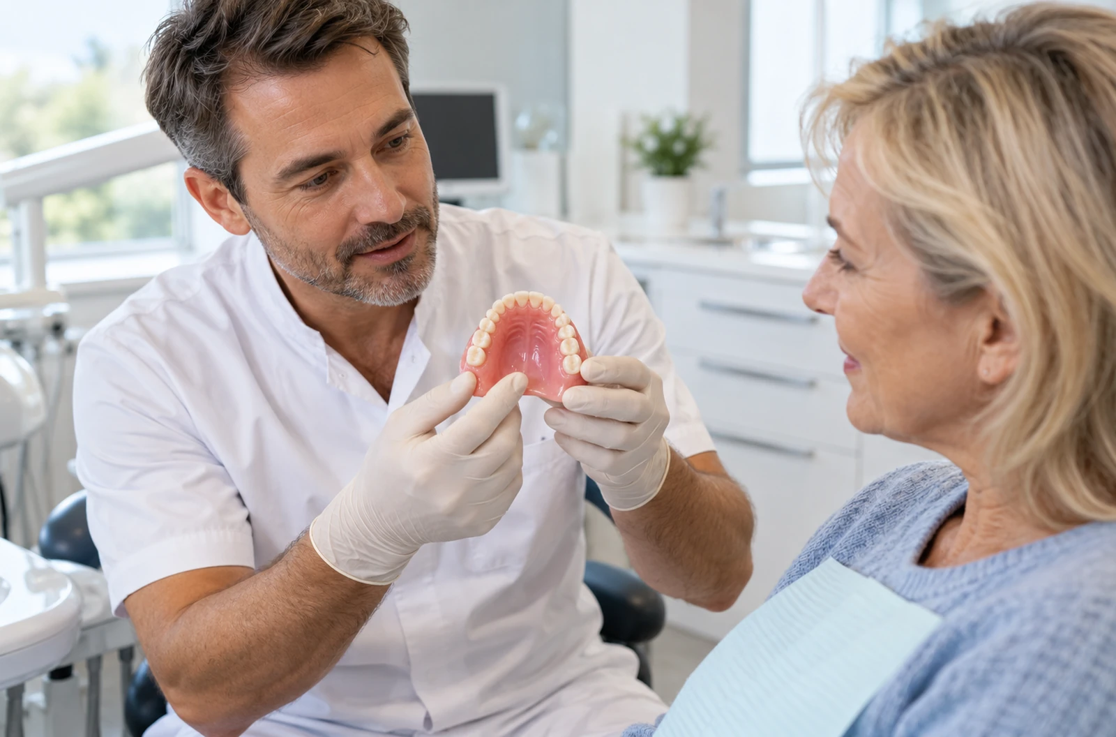 Chirurgien-dentiste montrant une prothèse amovible supérieure à un patient lors d’une consultation