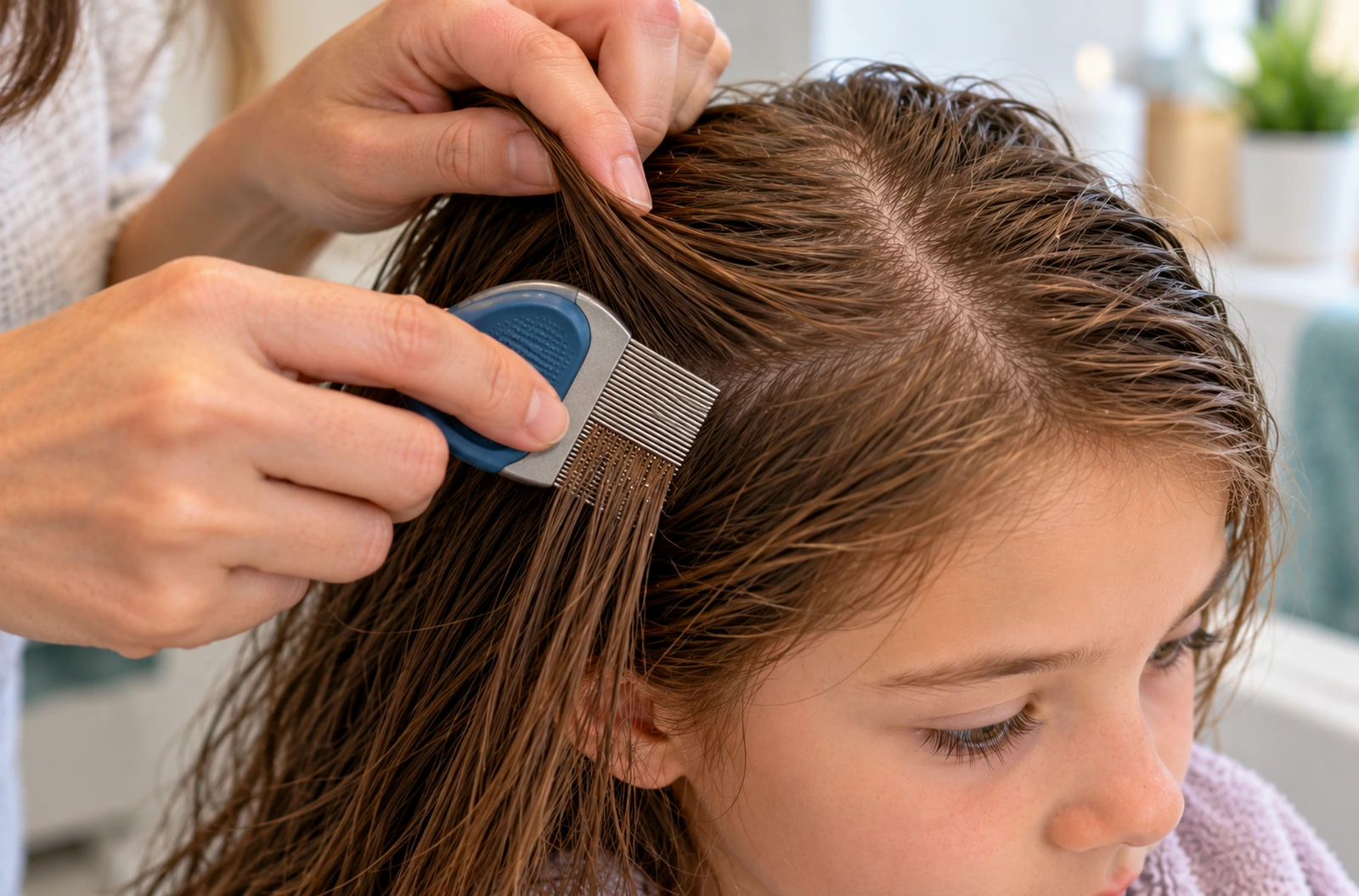 Main passant un peigne anti-poux à dents serrées dans une mèche de cheveux