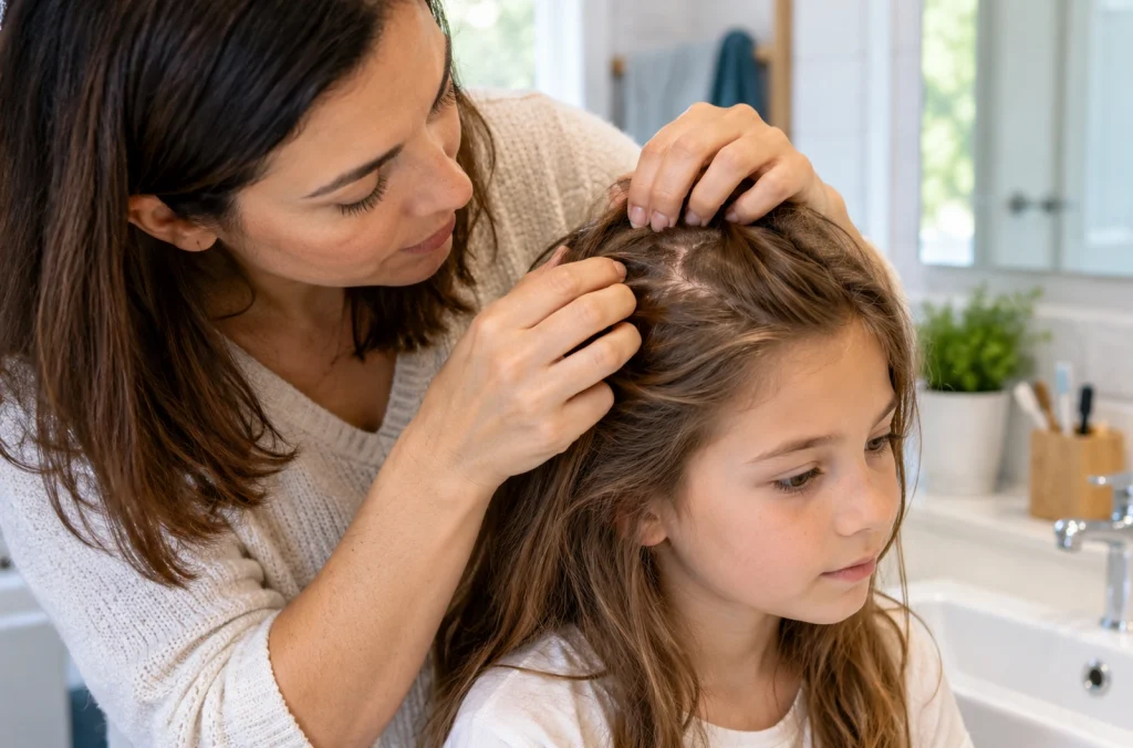 Parent examinant les cheveux de son enfant après un traitement contre les poux